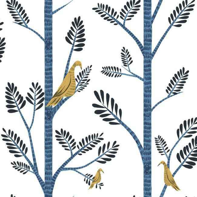 Aviary Branch Blue & Yellow Peel & Stick Wallpaper - York Wallcoverings - PSW1236RL