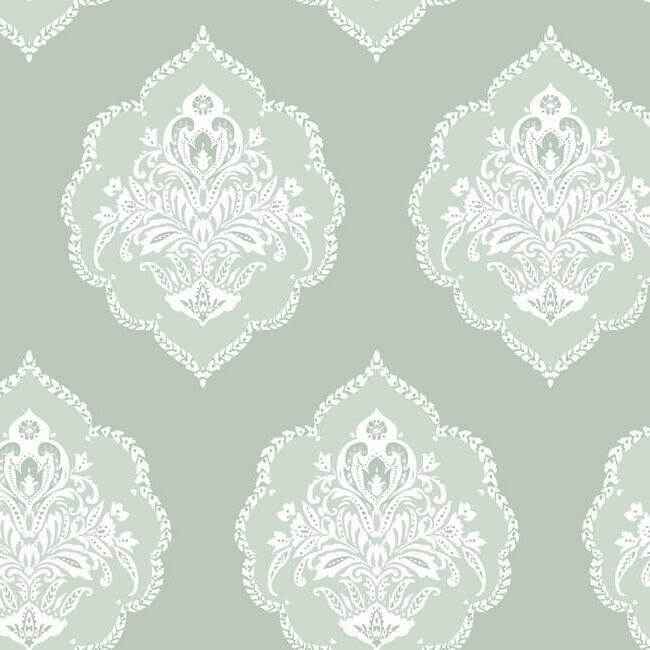 Signet Medallion Damask Green Wallpaper - York Wallcoverings - DM4982