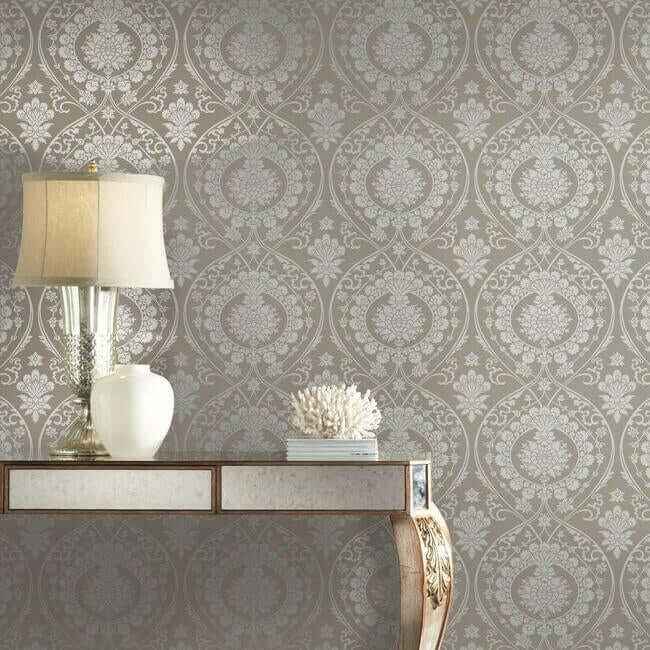 Imperial Damask Beige & Silver Wallpaper - York Wallcoverings - DM4902 - York Wallcoverings Wallpaper