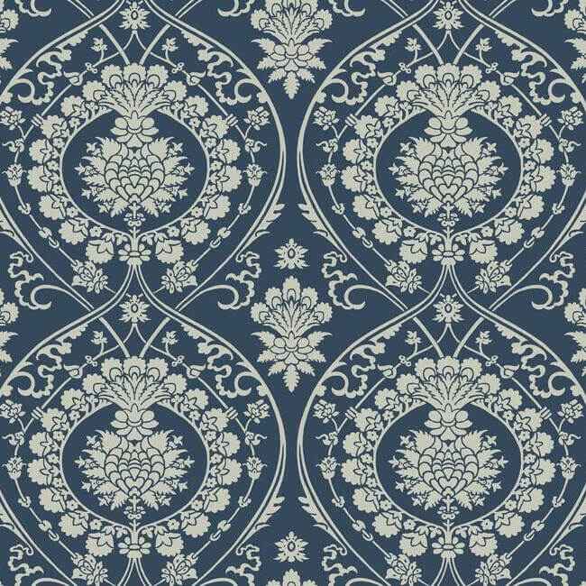 Imperial Damask Navy & Silver Wallpaper - York Wallcoverings - DM4901