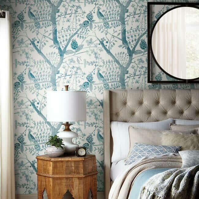 peacock-block-print-teal-wallpaper-york-wallcoverings-bo6632 - York Wallcoverings Wallpaper