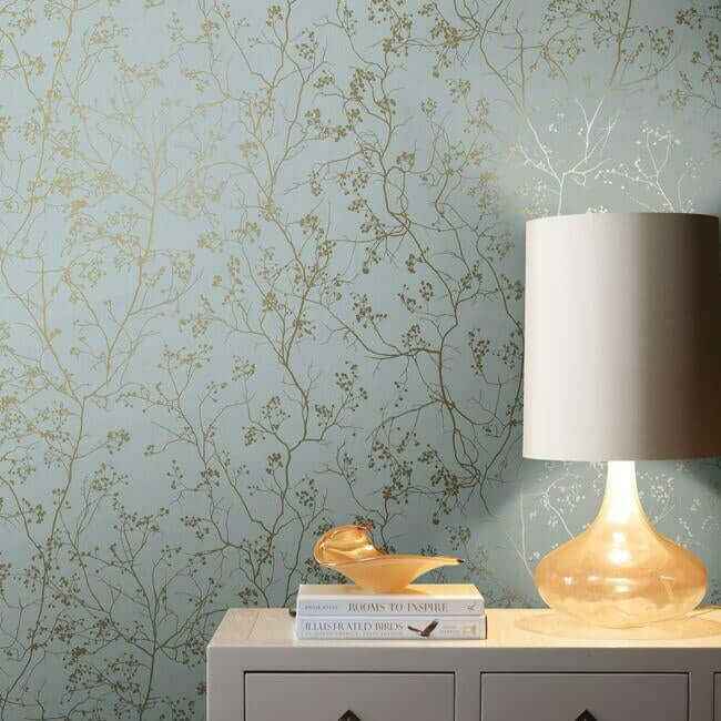 Luminous Branches Blue & Gold Wallpaper - York Wallcoverings - DD3813 - York Wallcoverings Wallpaper