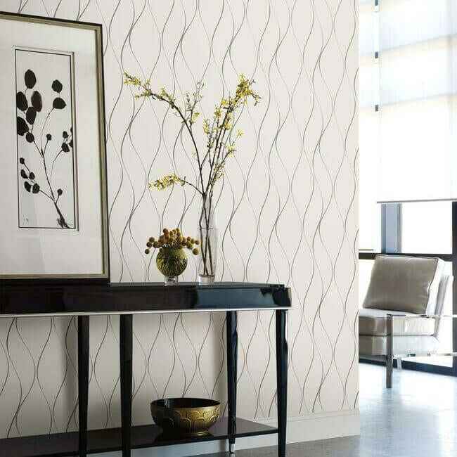Wavy Stripe Off White & Silver Metallic Wallpaper - York Wallcoverings - Y6201401 - York Wallcoverings Wallpaper