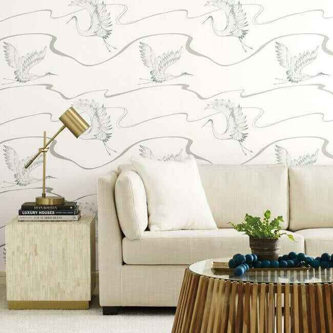 Soaring Cranes White & Silver Wallpaper - York Wallcoverings - BW3873 - York Wallcoverings Wallpaper
