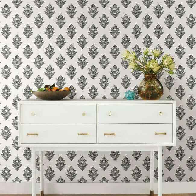 Lotus Motif Black & White Wallpaper - York Wallcoverings - BW3977 - York Wallcoverings Wallpaper