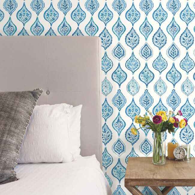 Marketplace Motif White & Blue Wallpaper - York Wallcoverings - MN1850 - York Wallcoverings Wallpaper
