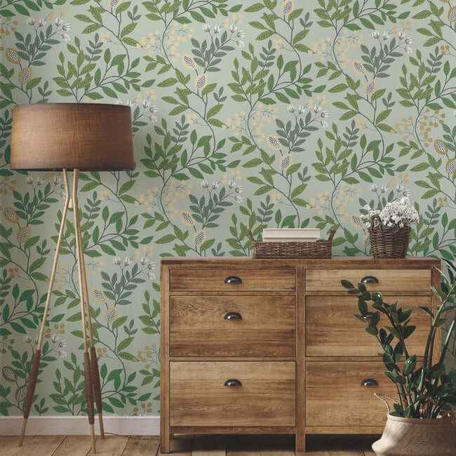 Eden Retreat Green & Gold Wallpaper - York Wallcoverings - MN1840