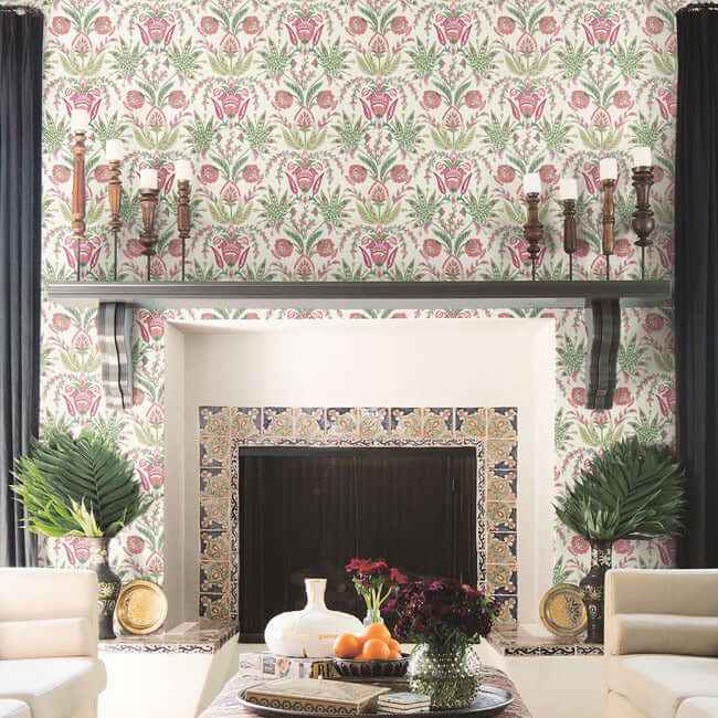 Seaside Jacobean Green & Red Wallpaper - York Wallcoverings - MN1914