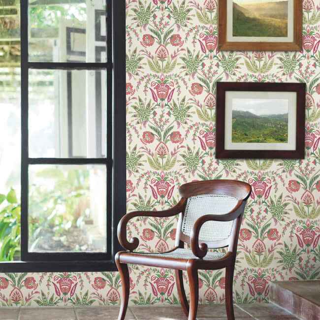 Seaside Jacobean Green & Red Wallpaper - York Wallcoverings - MN1914 - York Wallcoverings Wallpaper