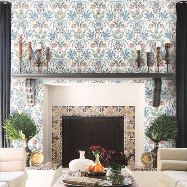 Seaside Jacobean Pink & Blue Wallpaper - York Wallcoverings - MN1912 - York Wallcoverings Wallpaper