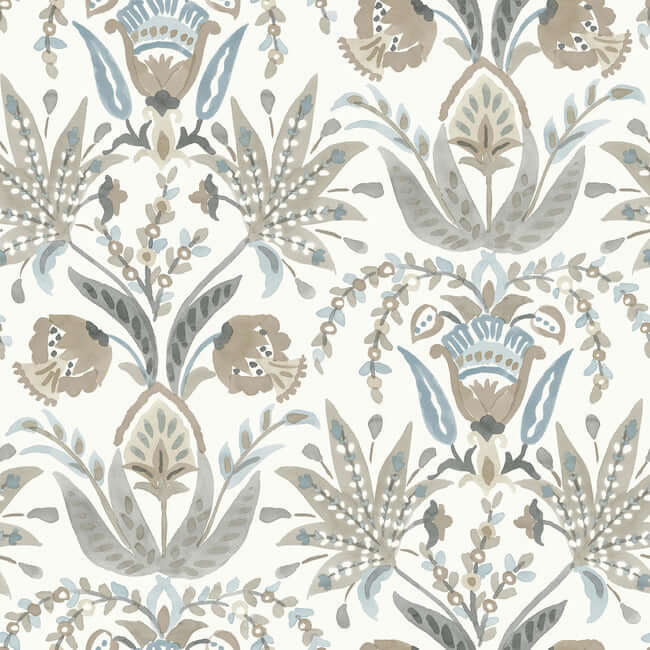 seaside-jacobean-taupe-blue-wallpaper-york-wallcoverings-mn1915 - York Wallcoverings Wallpaper