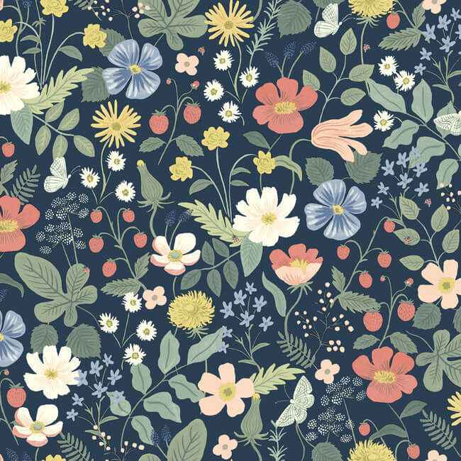 Strawberry Fields Blue & Pink Wallpaper - York Wallcoverings - RP7358