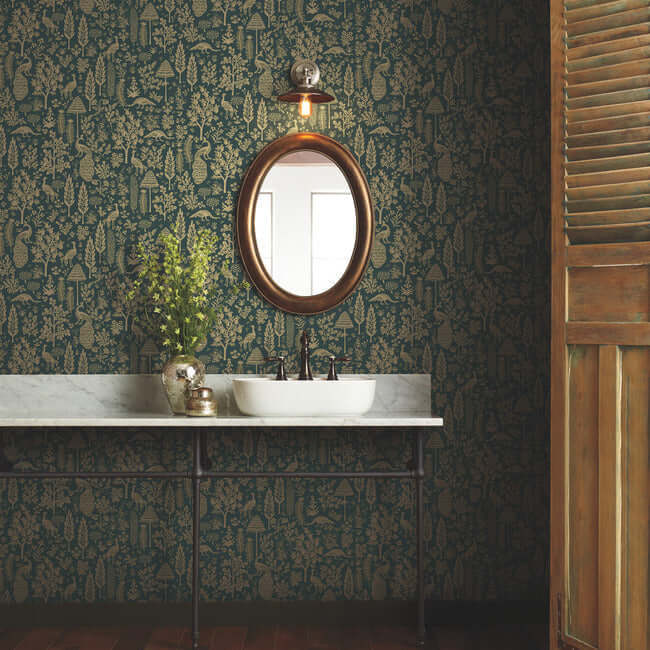 menagerie-toile-wallpaper-emerald-metallic-gold-york-wallcoverings-rp7373 - York Wallcoverings Wallpaper