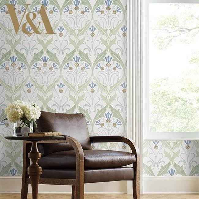 Pine Cone Ribbon Green & Blue Metallic Wallpaper - York Wallcoverings - AC9173 - York Wallcoverings Wallpaper