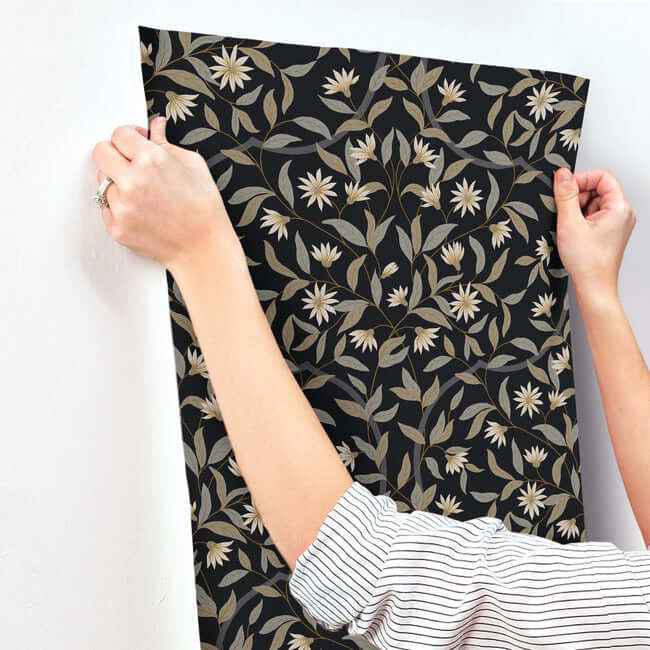 Jasmine Black Metallic Wallpaper - York Wallcoverings - GO8257 - York Wallcoverings Wallpaper