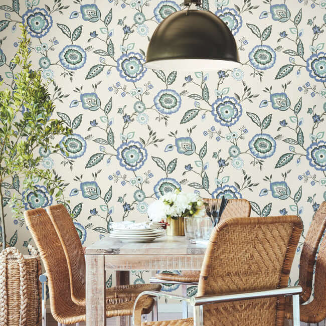 dahlia-blooms-blue-white-wallpaper-york-wallcoverings-go8231 - York Wallcoverings Wallpaper