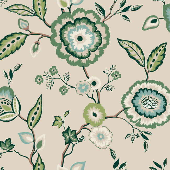 dahlia-blooms-green-beige-wallpaper-york-wallcoverings-go8233 - York Wallcoverings Wallpaper
