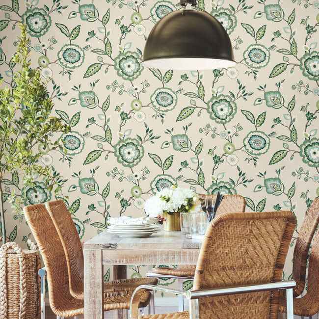 Dahlia Blooms Green & Beige Wallpaper - York Wallcoverings - GO8233 - York Wallcoverings Wallpaper