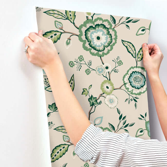 dahlia-blooms-green-beige-wallpaper-york-wallcoverings-go8233 - York Wallcoverings Wallpaper