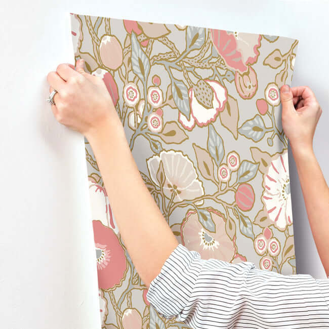 poppies-grey-pink-metallic-wallpaper-york-wallcoverings-go8314 - York Wallcoverings Wallpaper