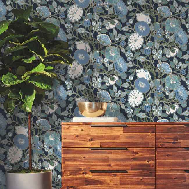 Poppies Black & Blue Metallic Wallpaper - York Wallcoverings - GO8312 - York Wallcoverings Wallpaper