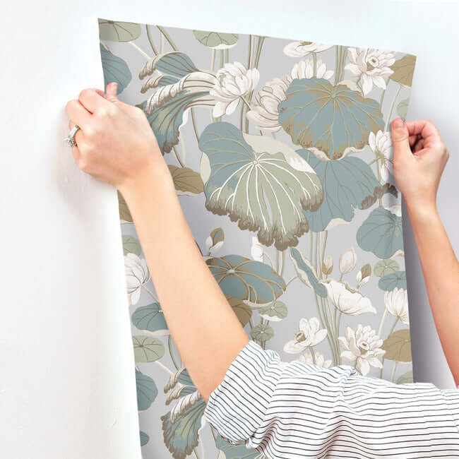 lotus-pond-grey-blue-wallpaper-york-wallcoverings-go8294 - York Wallcoverings Wallpaper