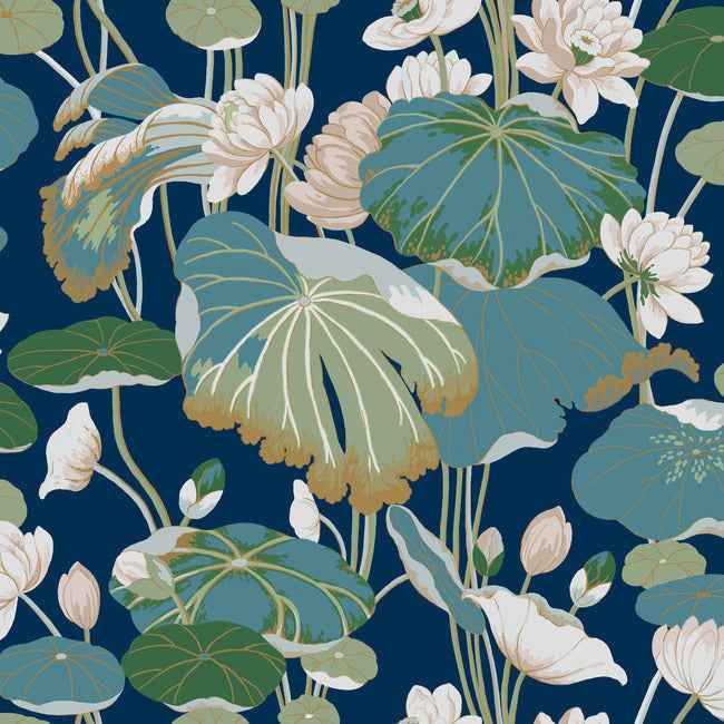 Lotus Pond Navy Metallic Wallpaper - York Wallcoverings - GO8295 - York Wallcoverings Wallpaper