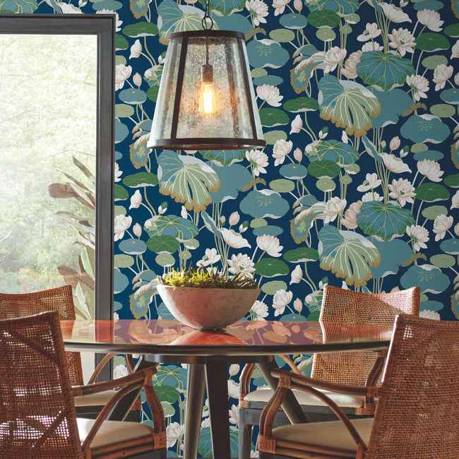 Lotus Pond Navy Metallic Wallpaper - York Wallcoverings - GO8295 - York Wallcoverings Wallpaper