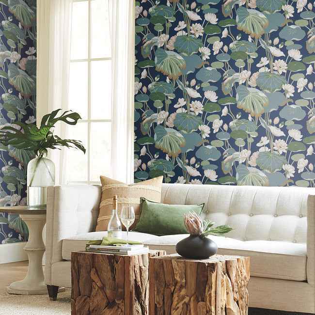 Lotus Pond Navy Metallic Wallpaper - York Wallcoverings - GO8295 - York Wallcoverings Wallpaper