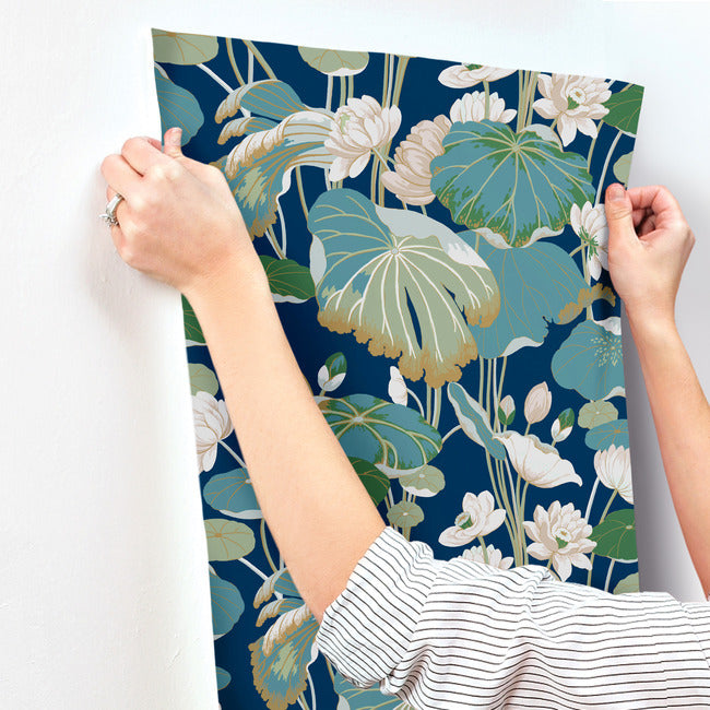 lotus-pond-navy-metallic-wallpaper-york-wallcoverings-go8295 - York Wallcoverings Wallpaper