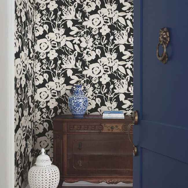 Brushstroke Floral Black Wallpaper - York Wallcoverings - BL1733 - York Wallcoverings Wallpaper
