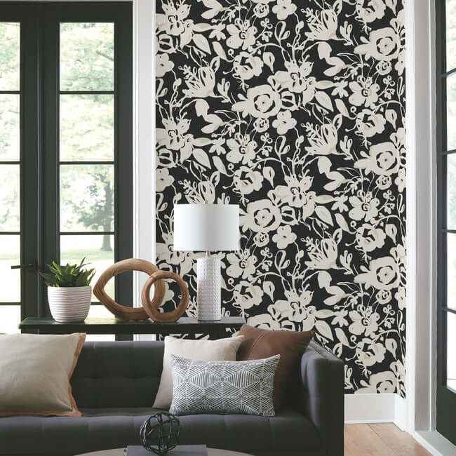 Brushstroke Floral Black Wallpaper - York Wallcoverings - BL1733 - York Wallcoverings Wallpaper