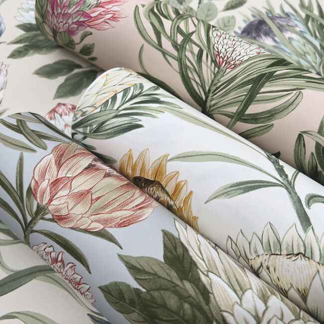 Protea Dusty Blue & Coral Wallpaper - York Wallcoverings - BL1755 - York Wallcoverings Wallpaper