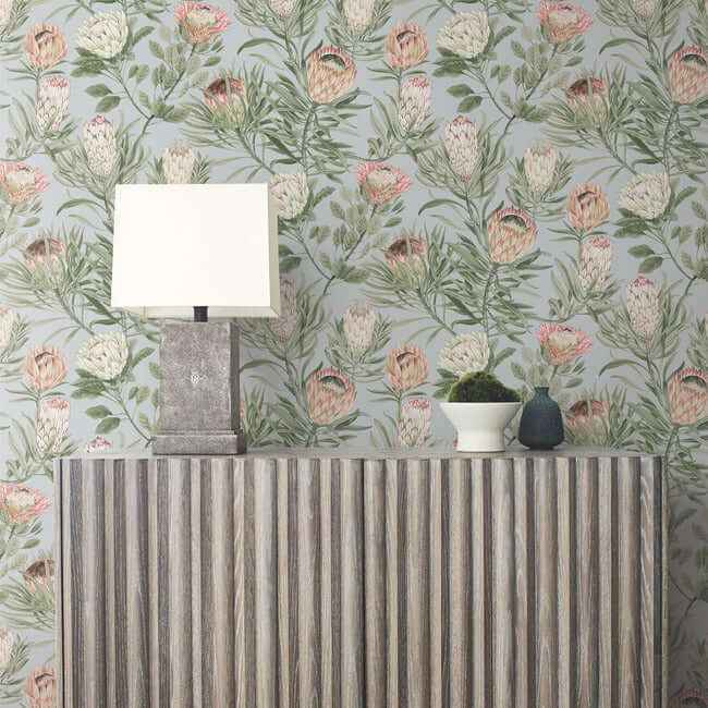 Protea Dusty Blue & Coral Wallpaper - York Wallcoverings - BL1755 - York Wallcoverings Wallpaper