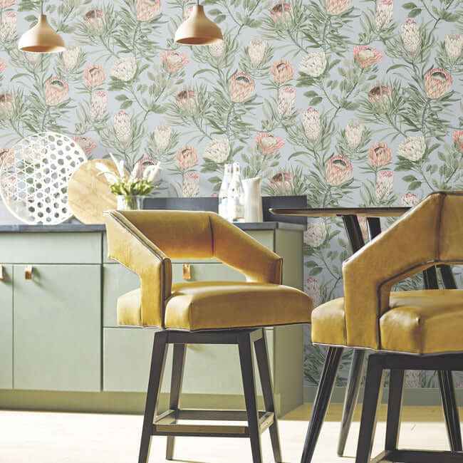Protea Dusty Blue & Coral Wallpaper - York Wallcoverings - BL1755 - York Wallcoverings Wallpaper