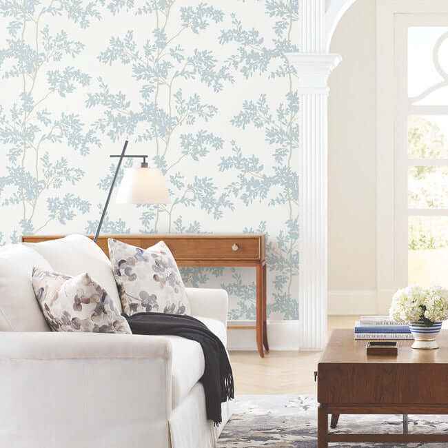 Lunaria Silhouette White & Cloud Blue Wallpaper - York Wallcoverings - BL1802 - York Wallcoverings Wallpaper