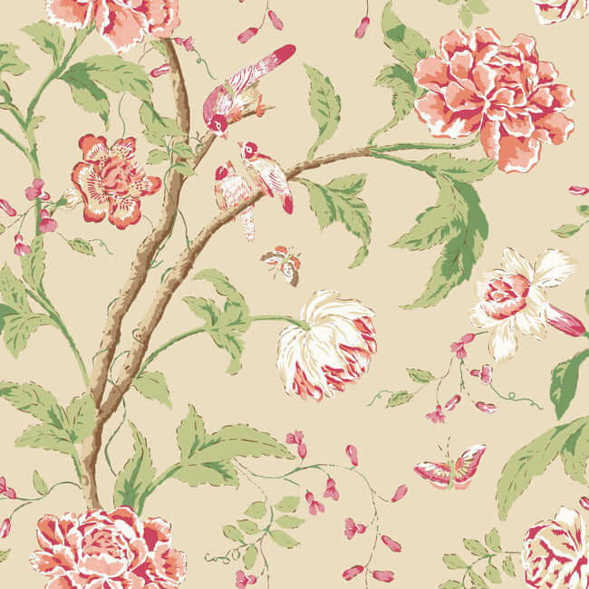 teahouse-floral-cream-coral-wallpaper-york-wallcoverings-bl1781 - York Wallcoverings Wallpaper