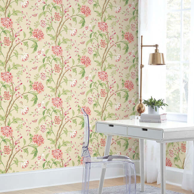 teahouse-floral-cream-coral-wallpaper-york-wallcoverings-bl1781 - York Wallcoverings Wallpaper