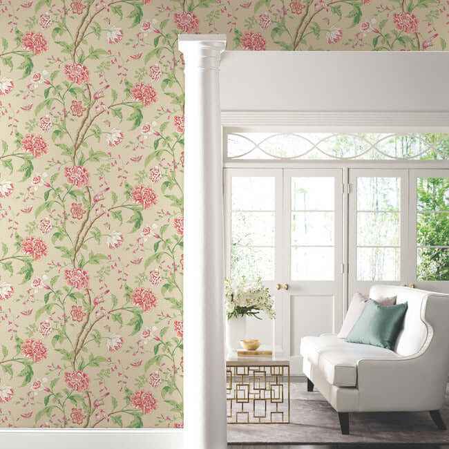 Teahouse Floral Cream & Coral Wallpaper - York Wallcoverings - BL1781