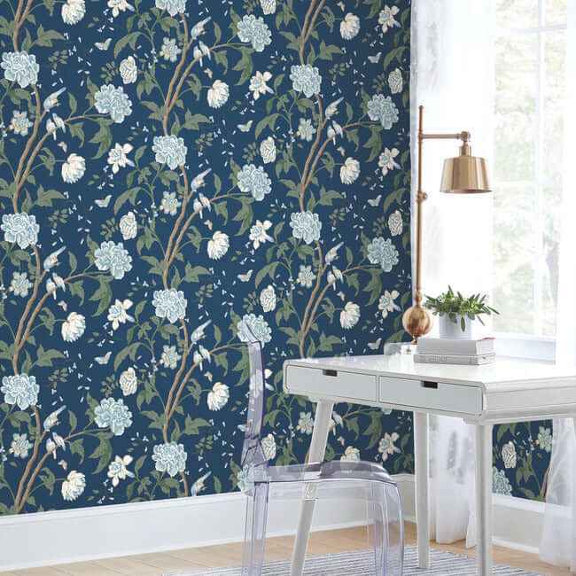 Teahouse Floral Navy Wallpaper - York Wallcoverings - BL1782 - York Wallcoverings Wallpaper