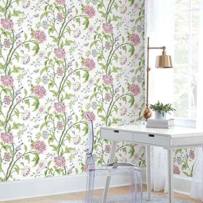 Teahouse Floral White & Blush Wallpaper - York Wallcoverings - BL1785 - York Wallcoverings Wallpaper