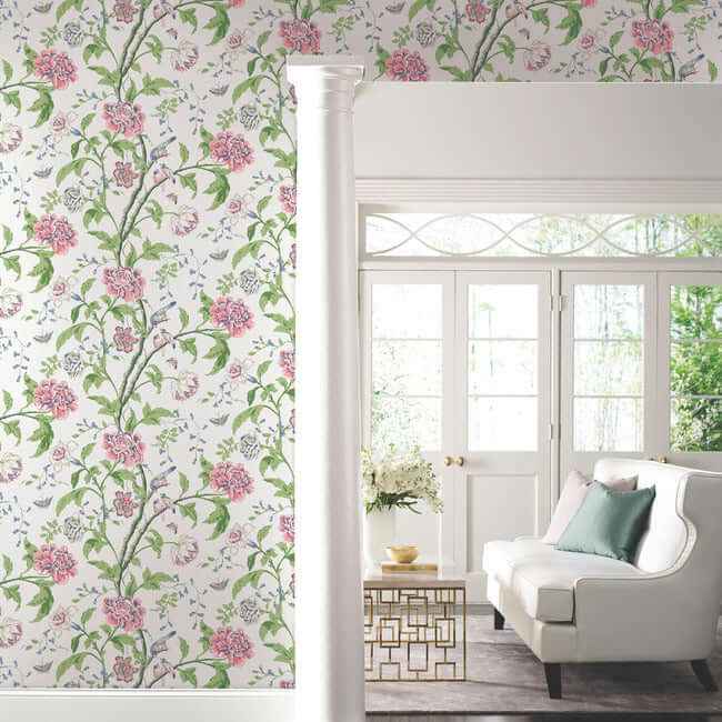 Teahouse Floral White & Blush Wallpaper - York Wallcoverings - BL1785 - York Wallcoverings Wallpaper