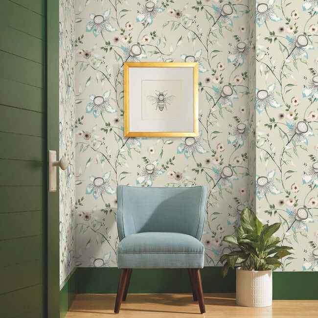 Dream Blossom Taupe & Aqua Wallpaper - York Wallcoverings - BL1794 - York Wallcoverings Wallpaper