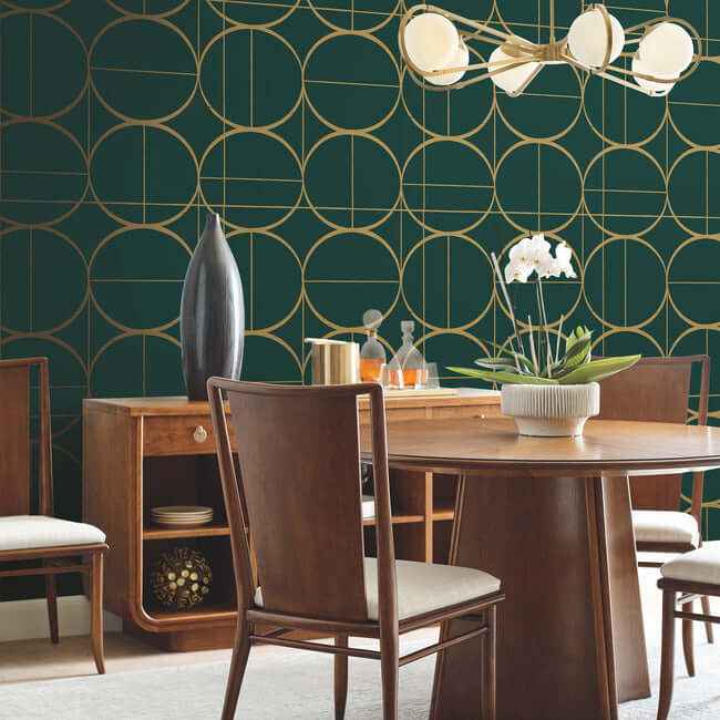 Sun Circles Emerald & Gold Wallpaper - York Wallcoverings - MD7203