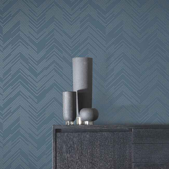Polished Chevron Blue & Silver Wallpaper - York Wallcoverings - MD7224 - York Wallcoverings Wallpaper