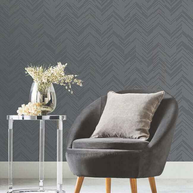 Polished Chevron Charcoal & Silver Wallpaper - York Wallcoverings - MD7226 - York Wallcoverings Wallpaper