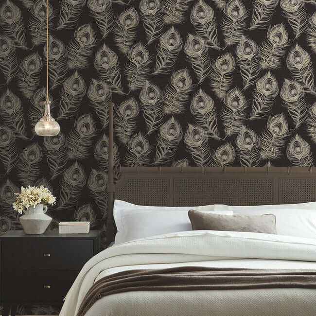 Regal Peacock Black Wallpaper - York Wallcoverings - EV3942