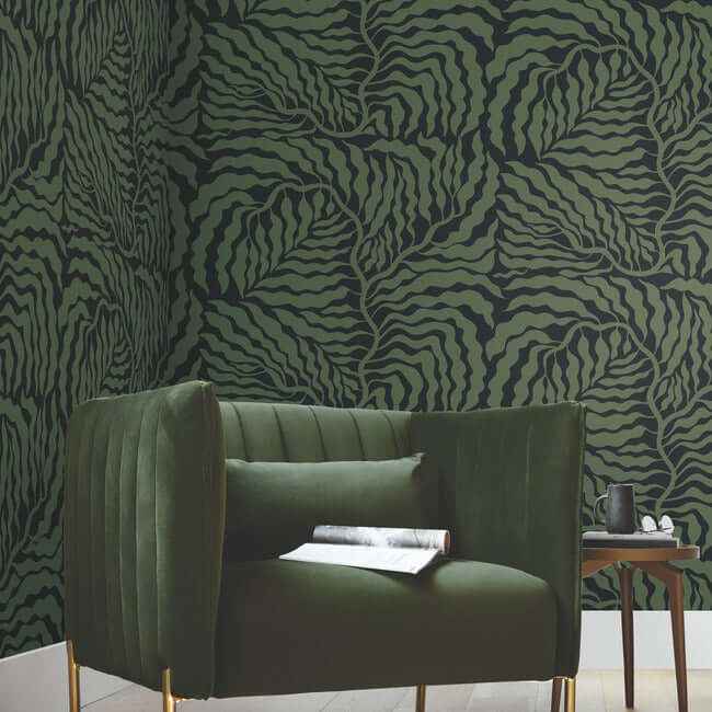 Fern Fronds Black & Green Wallpaper - York Wallcoverings - AG2061