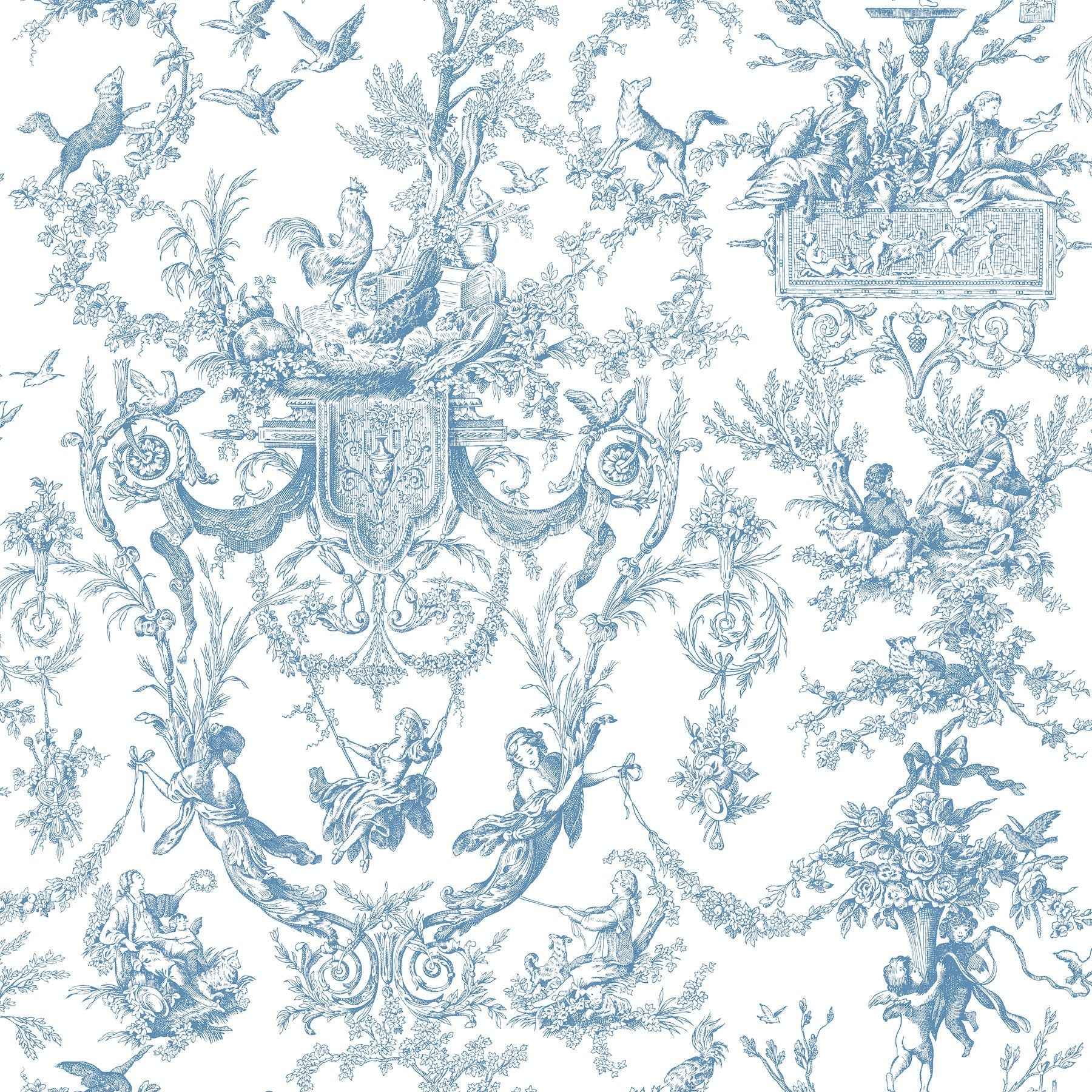 Old World Toile Blue & White Wallpaper - York Wallcoverings - AT4241