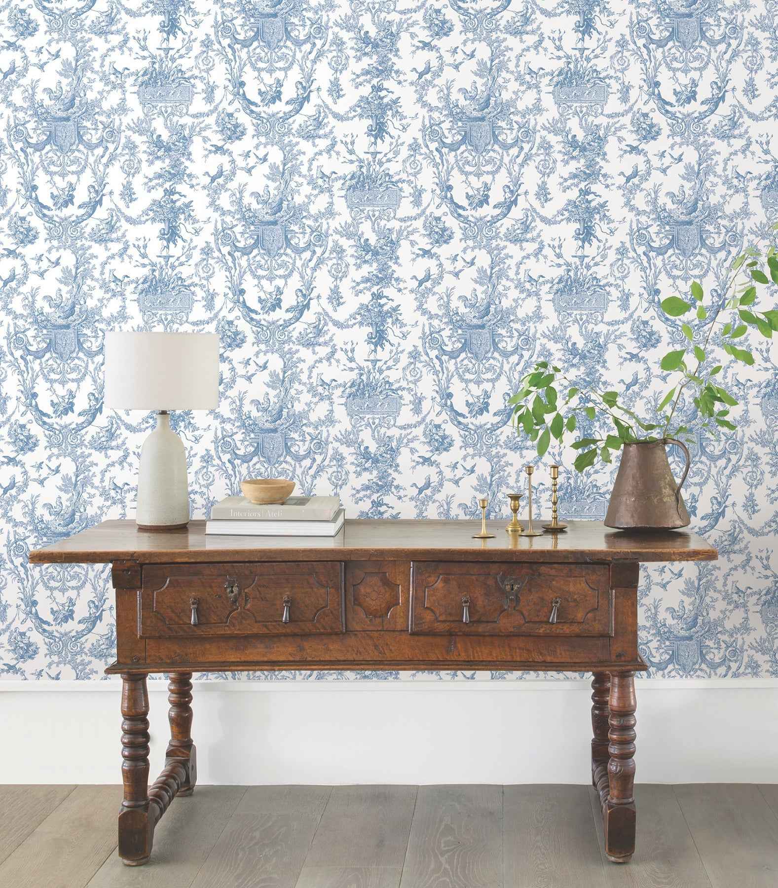 Old World Toile Blue & White Wallpaper - York Wallcoverings - AT4241 - York Wallcoverings Wallpaper